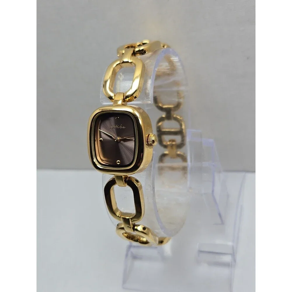 Ettika Square Link Womens 24K Gold Plated Quartz Bracelet Watch New Battery